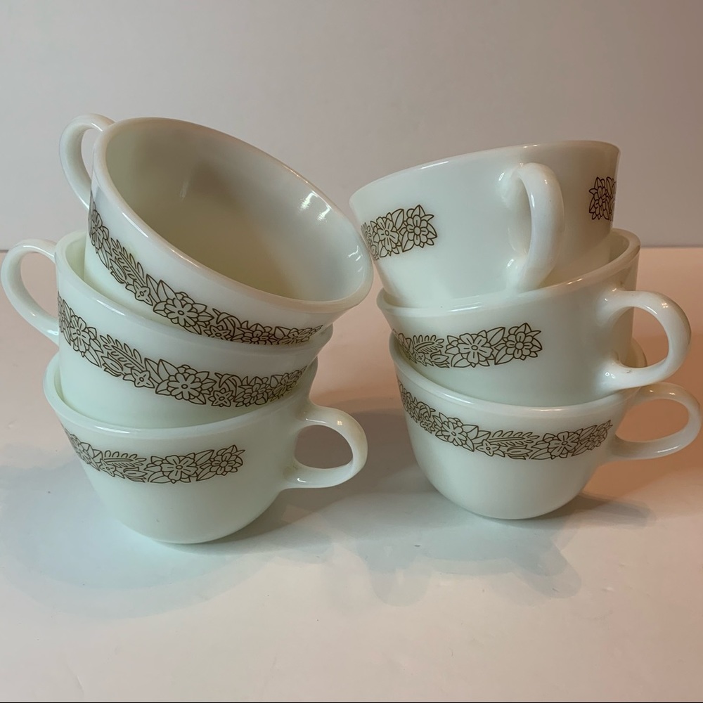 Vintage Pyrex White Corning Cups with Brown Floral Design woodland